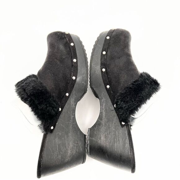 American Eagle Sz 10M Black Faux Suede Fur Trim Wedge Heel Clogs Slip On Shoes - Picture 9 of 9